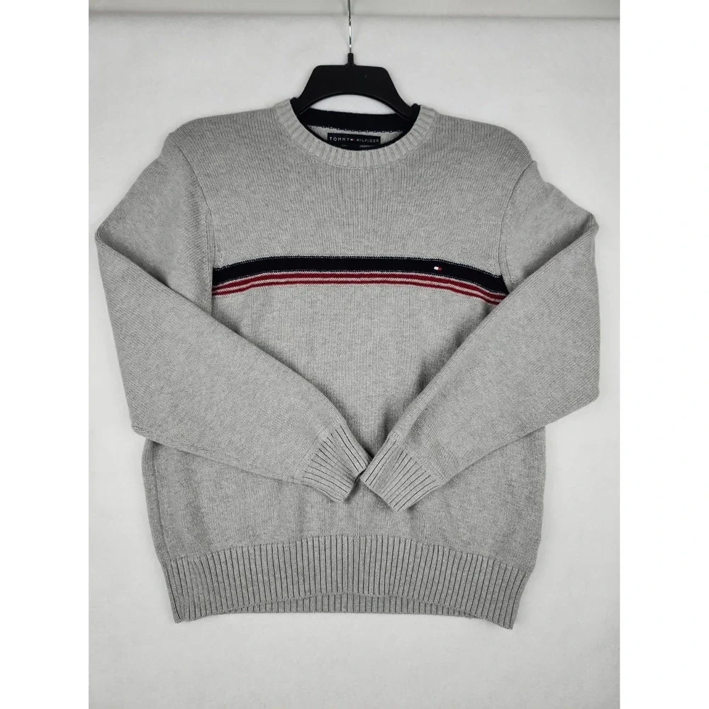 Tommy Hilfiger Sweater Mens M Grey Long Sleeve Cotton/Wool Blend Crew Neck EUC